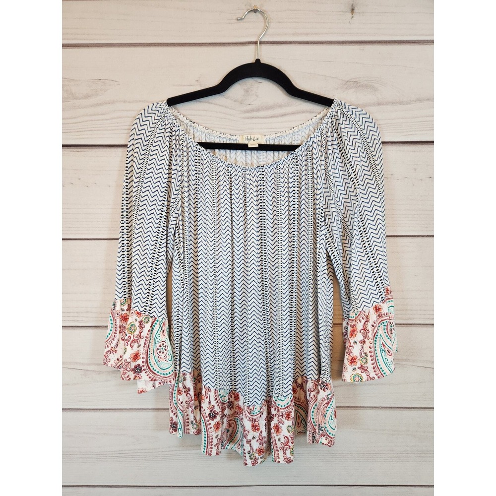 Style & Co Womens Small Blue Chevron Paisley Boho Bell Sleeve Peasant Top